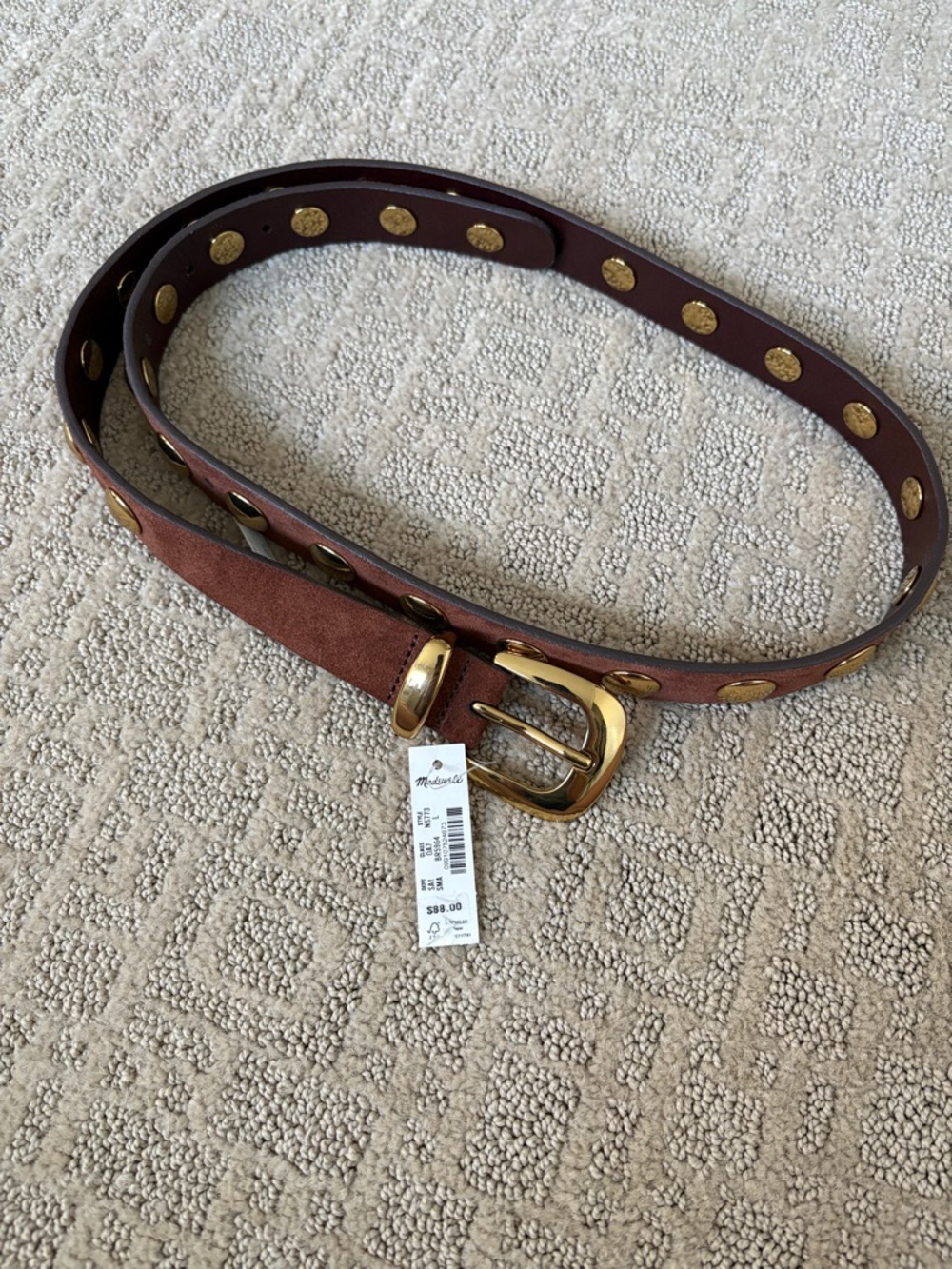 NWT Madewell Studded Brown Suede Belt with Gold Hardware